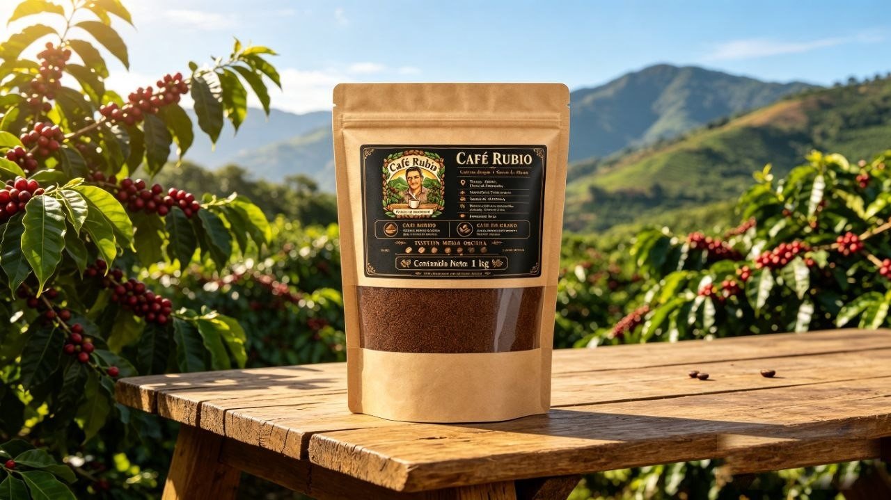 Café Rubio con paisaje de finca cafetera